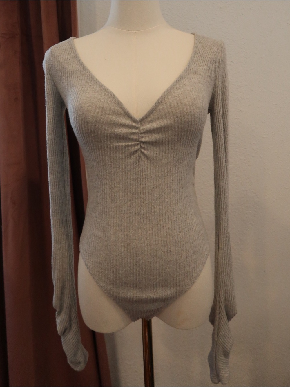 Intimately Free People Women's Ribbed V-Neck Long Sleeve Bodysuit - Light Gray